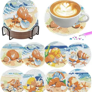 8 pieces/set of diamond art painting coasters with brackets, DIY ocean series diamond art coasters, suitable for adults and beginners diamond painting sets, diamond set craft supplies, exquisite gifts for friends