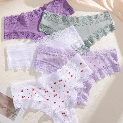 5 Pcs Lace Trim Cute Print Women's Brazilian Panties, Soft Set, Lacy Panties, Comfortable & Stylish Lingerie for Daily Wear