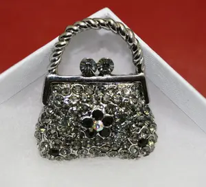 Vintage Purse Handbag Brooch Pin Antique Silver Black Rhinestone Costume Jewelry
