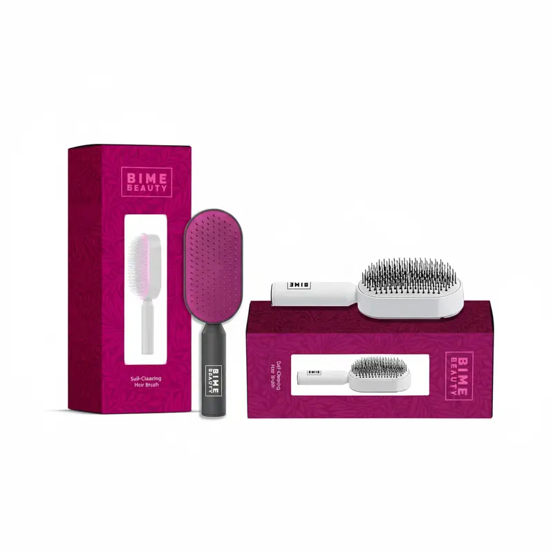 Bime Beauty Self-Cleaning Hair Grooming Brush - Multifunctional Brush with Button Cleansing, Detangling, Frizz Control, Anti-Static, Ergonomic Design, Long-Lasting Flexible Soft Bristles, Scalp Massage for All Hair Types (Daily Care Haircare Accessory)