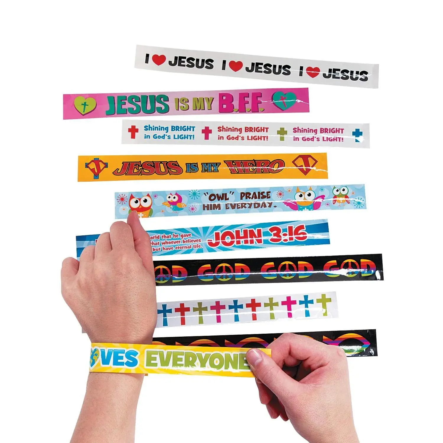 9 3/4" Bulk 50 Pc. Religious Sayings & Icons Metal Slap Bracelet Assortment, Bible, Inspiration