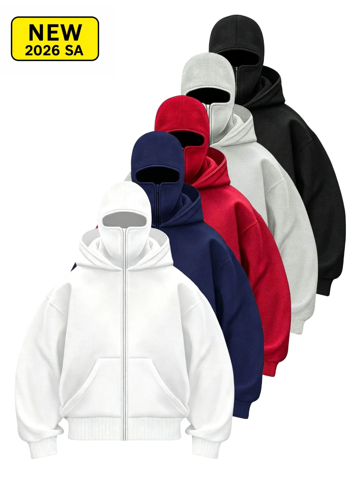 Men's Balaclava Double Hood Zip Up Hoodie, Oversized Full Zip Sweatshirt with Face Mask, Techwear Streetwear Jacket for Fall Winter Cold Weather