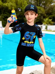 #67  Six Seven Kids Cartoon Print Swimsuit Set, Boys' Casual Swimwear, Spring Summer Festival Essential, Includes Hat & Suit, Fun Design, Swimwear Sets