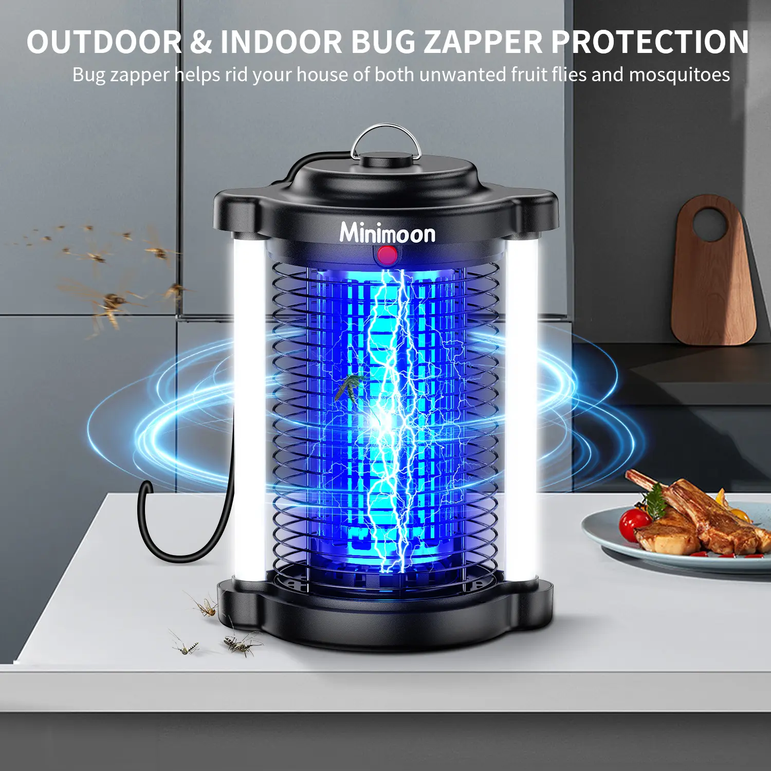 Minimoon Steel-Safe Electronic Mosquito Zapper, Indoor/Outdoor Pest Shield with Dual LEDs, 4200V High-Voltage Grid, 15W UV Light, Red LED Switch Adds Useful Task Light, IPX4 Waterproof, 8.2ft Cord, 2100 Sq Ft Reach, Portable Home Protection Trap