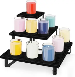 3 Tier Wooden Retail Display Shelves, Portable Display Rack for Retail Counter Top Craft Shows Tradeshows, 3 Step Corner Tiered Table Display Tower Stand for Cupcake  Display, Black