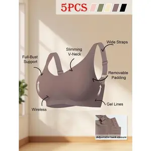 5-Pack Women'S Wireless Jelly Bras, Mature Style, Solid Color, Comfortable Breathable Knit, T-Shirt Bra with Removable Pads, Adjustable Straps, U-Back Design Daily Wear Womenswear Basic