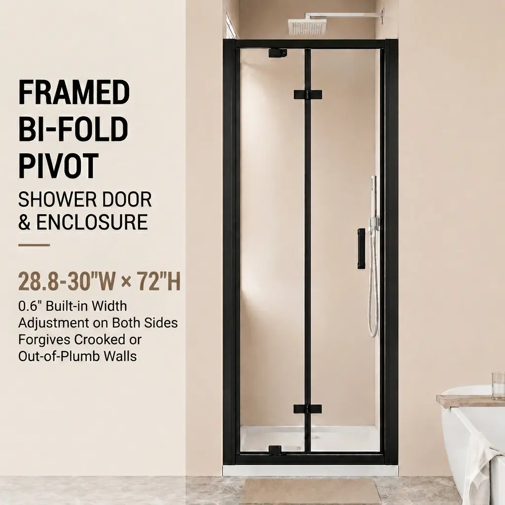 30" x 72" Framed Bi-fold Pivot Shower Door, Space-saving Folding Shower Enclosure, 1/4" Clear Tempered Glass with Stainless Steel Handle, Reversible Installation, Black
