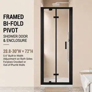 30" x 72" Framed Bi-fold Pivot Shower Door, Space-saving Folding Shower Enclosure, 1/4" Clear Tempered Glass with Stainless Steel Handle, Reversible Installation, Black