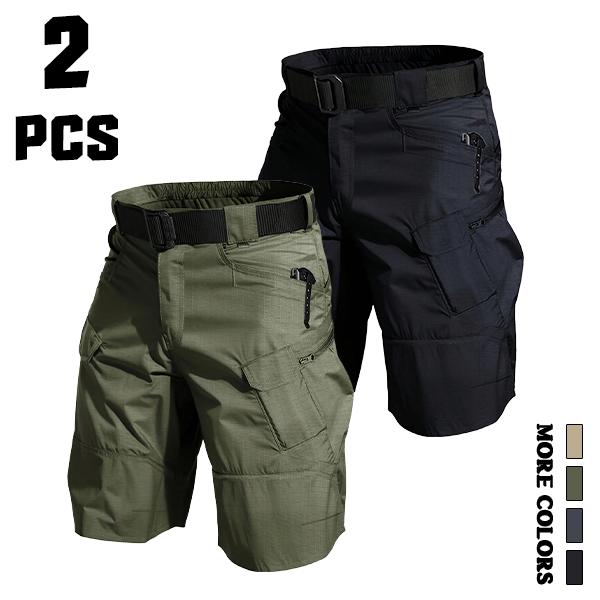 Men’s 2-Pack Loose-Waist Tactical Cargo Shorts Set, Elastic Belt Included, Matching Fabric, Side Zipper Pockets, Quick-Dry, Abrasion-Resistant Menswear Outdoor Functional Shorts