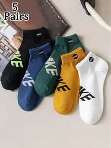 5 Pairs Men's Boat Socks, Summer Fashion Letter Pattern, Comfortable Breathable Low Top, Soft Skin-Friendly, Casual Outdoor Wear, Breathable Comfy Socks