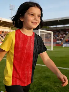 girl child jersey Yellow Red Black Vertical Stripes Pattern Breathable, light, and comfortable short-sleeved T-shirt fashion holiday clothing machine washable summer casual children's wear Comfortable training sports summer quick-dry
