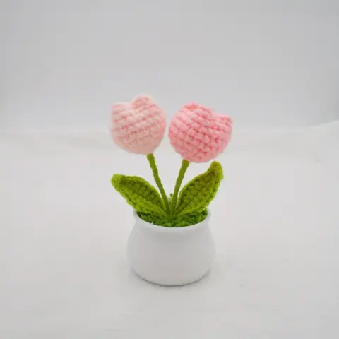 Crochet Tulip Flower Potted Plant Ornament, Handmade Knitted Tulip Flower Ornament, Home & Car Decor, Artificial Potted Flower, Artificial Flower Decorations, Artificial Floral Ornaments, Fake Floral Decor, Decorative Flowers