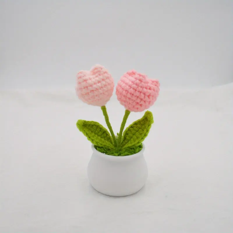 Crochet Tulip Flower Potted Plant Ornament, Handmade Knitted Tulip Flower Ornament, Home & Car Decor, Artificial Potted Flower, Artificial Flower Decorations, Artificial Floral Ornaments, Fake Floral Decor, Decorative Flowers