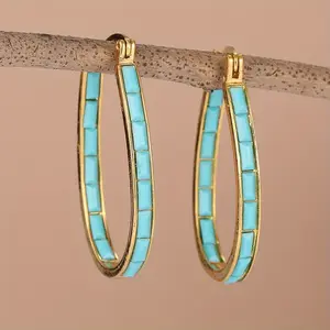Turquoise Inlaid Gold Plated Oval Hoop Earrings for Women Lightweight Western Accessories