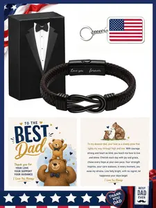 Father's Day Gift Set, 4-Piece Fashion Men's Infinity Bracelet, Luxury Box, American Flag Keychain, Birthday Present