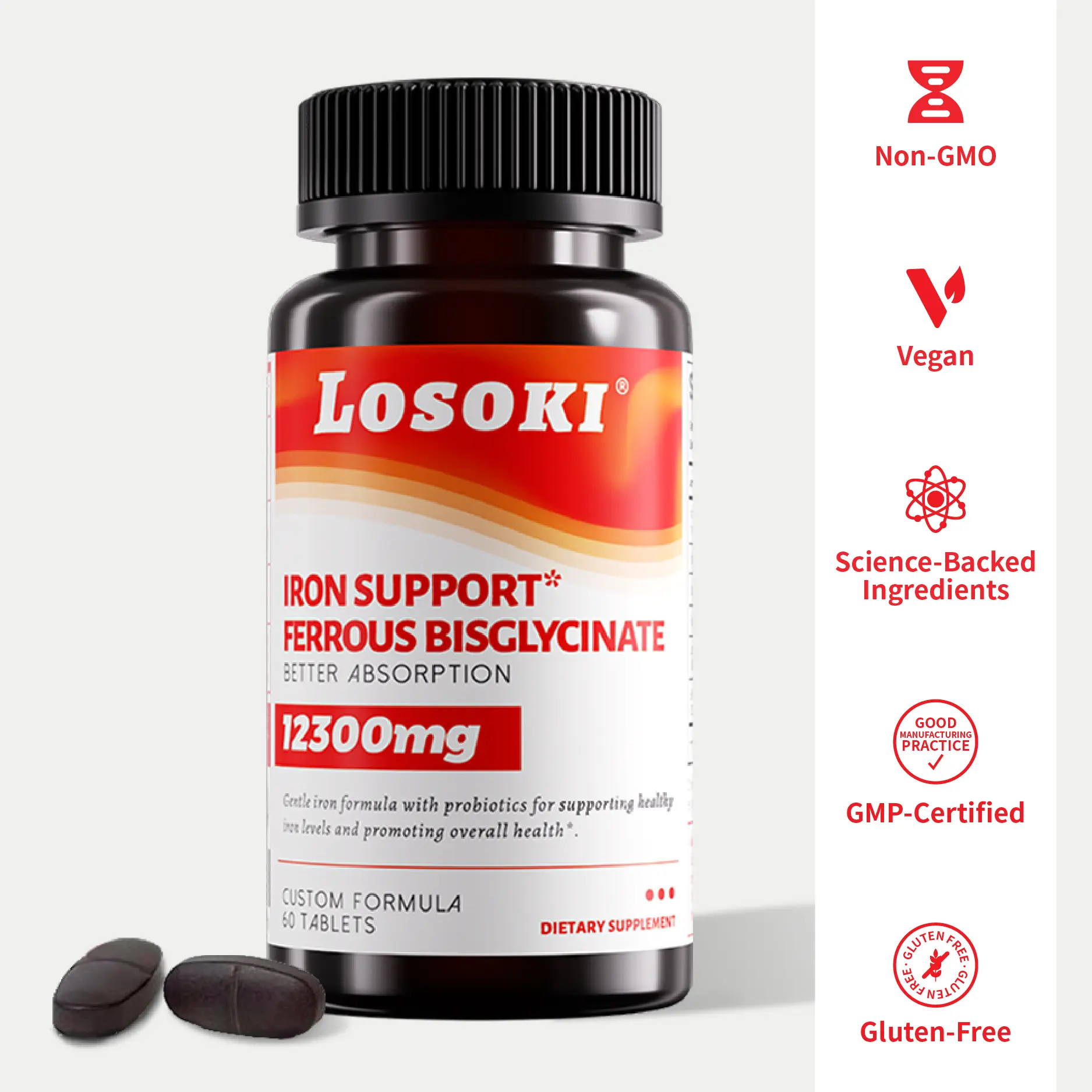 Losoki Iron Support 12300mg Ferrous Bisglycinate 20mg with Vitamin C B12 Folate Probiotics for Gut Health 60 Tablets Non-GMO Vegan GMP-Certified