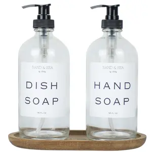 Clear Glass Soap Dispenser Gift Set with Wooden Tray - White Waterproof Sticker