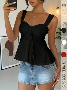 Summer New Cool Fashion Trendy Women's Sweet Sexy Vintage Drawstring Backless Vest Top, Angel fangs, peplum tops，Frill Hem, Perfect for Travel, Tank Top