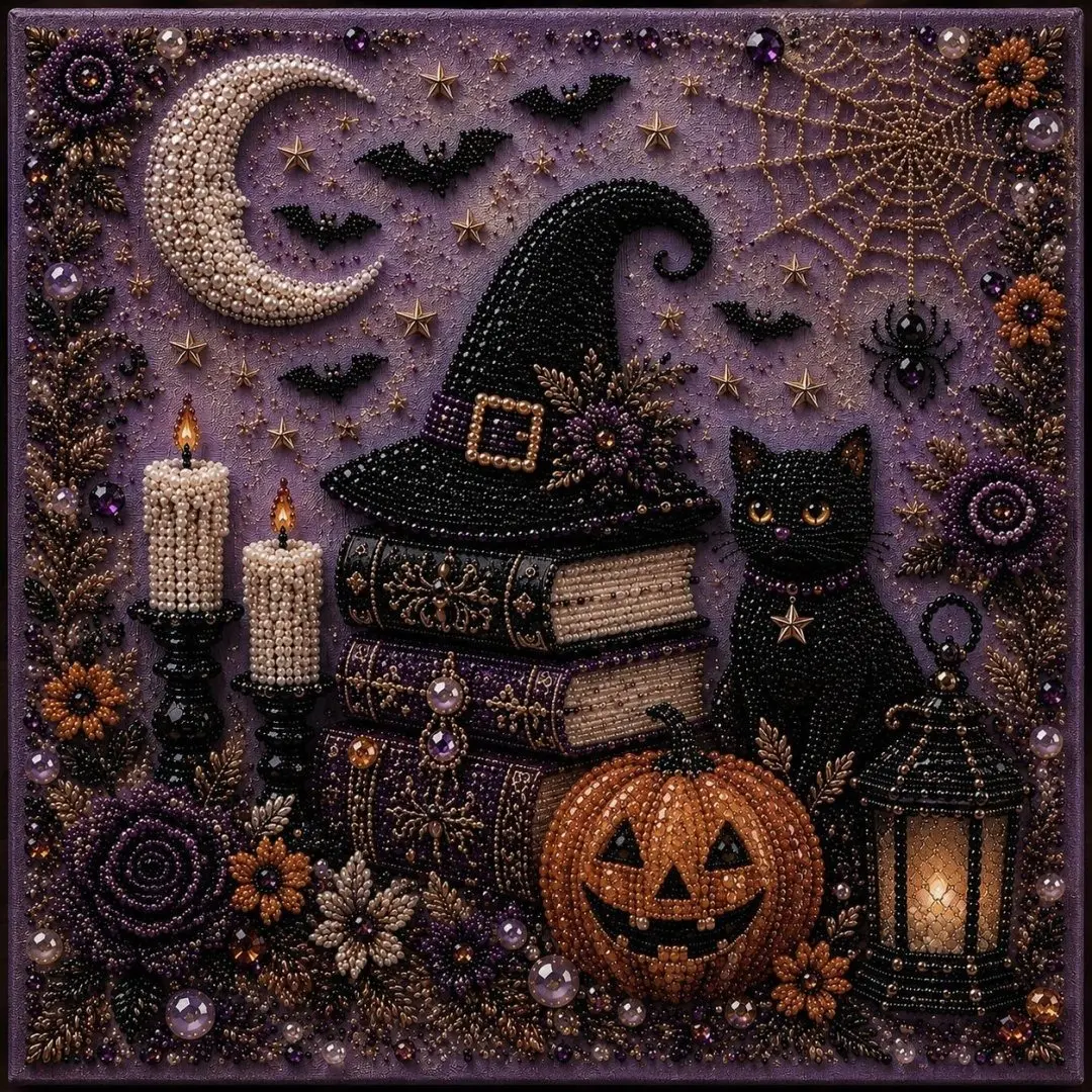 Halloween Witch Hat Black Cat DIY Pearl Diamond Painting Kit, 5D Special‑Shaped Beads Moon Pumpkin Magic Book Candle Spider Web Wall Art, Home Decor Craft Kit for Adults Beginners