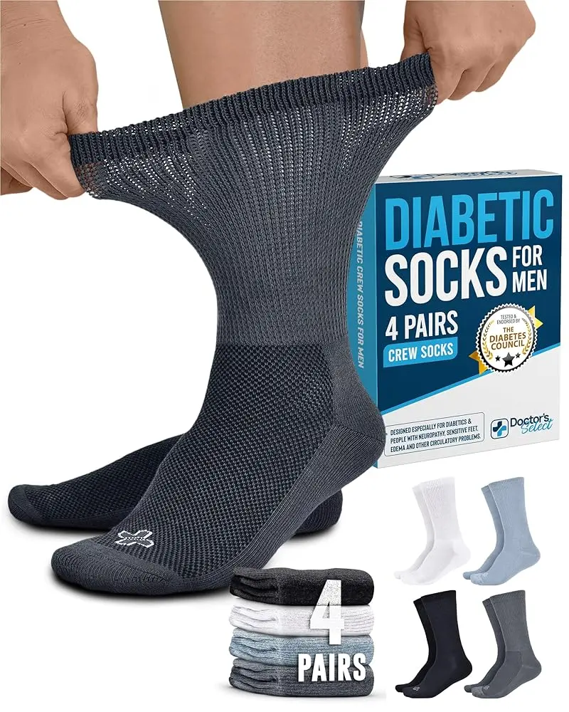 Doctor's Select Crew Diabetic Socks for Men 9-12 - Moisture Control & Comfort, 4 Pairs in Black, White, Light Gray, Gray Doctor's Select Crew Diabetic Socks for Men 9-12 - Moisture Control & Comfort, 4 Pairs in Black, White, Light Gray, Gray