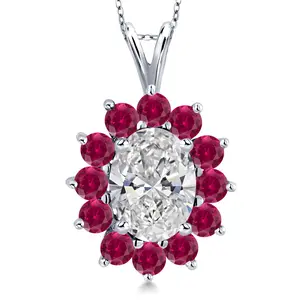 Gem Stone King 2.22 Cttw 14K White Gold IGI Certified Lab Grown Diamond and Created Ruby Pendant Necklace For Women | Center Oval 1.5 Ct Diamond D-E Color | VS1-VS2 Clarity | 18 Inch Chain