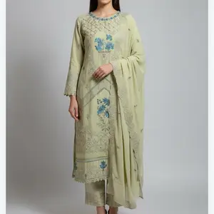 Pakistani Style suit Set with Jarkan & Thread Embroidery in Soft Green for Festive Wear