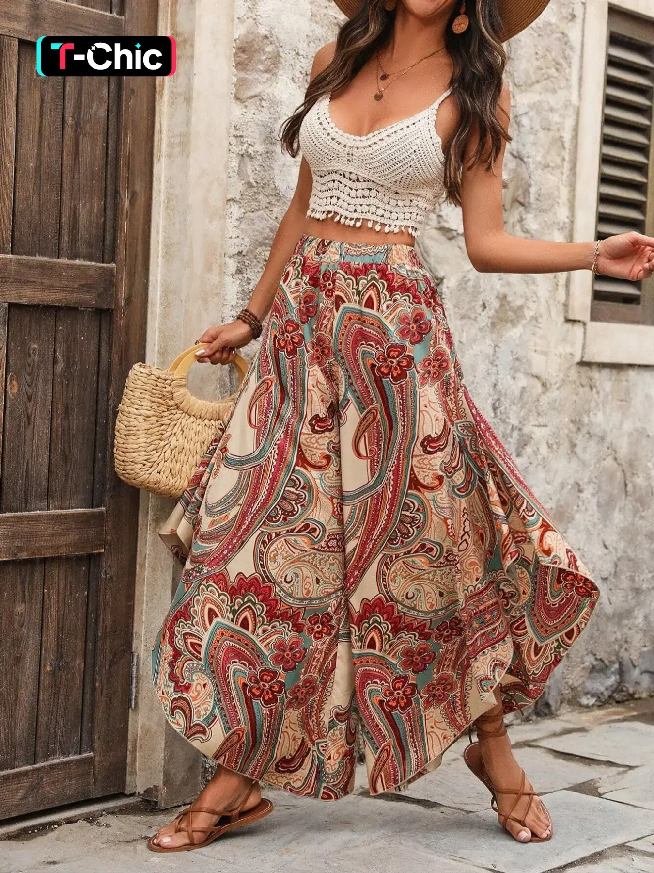 Women's Paisley Print High Waist Wide Leg Pants, Boho Elastic Waist Trousers for Beach Vacation Holiday, Ladies Bottoms for Summer Bohemian, Womenswear, Boho Fashion Trousers, Casual Bohemian Trousers