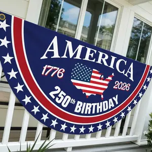 Patriotic half-circle banner celebrating the United States Semiquincentennial, featuring AMERICA text, U.S. map with flag, red-white-blue design. Perfect outdoor decor for Independence Day, July 4th, porch, yard, or fence