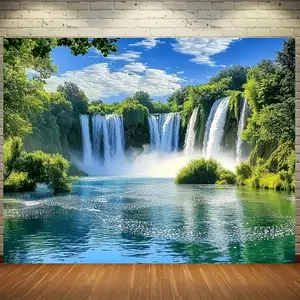 2D Flat Banner 1PC, 1 Piece, Multi-Functional Spring Theme Blue Sky Waterfall Forest Scenery Photography Background Polyester Fabric, No Electricity Needed, With Holes, Suitable for Rooms, Homes, Walls, Courtyards, Door Wall Decoration, Wall Hanging, Home