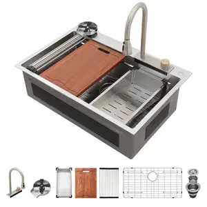 Logmey 33"x22" Waterfall Kitchen Sink Single Bowl Drop-In Kitchen Sink 16 Gauge Stainless Steel Workstation Sink With Glass Rinser,Pull-Out Faucet, Memorial day