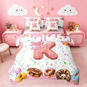 Pink Bow Kids Bedding,Girly Coquette Donut Comforter Set with Sheets,Personalized Letter K Ultra Soft Bed in A Bag 7Pcs,Butterfly Knot Princess Bedroom Decor 7Pcs