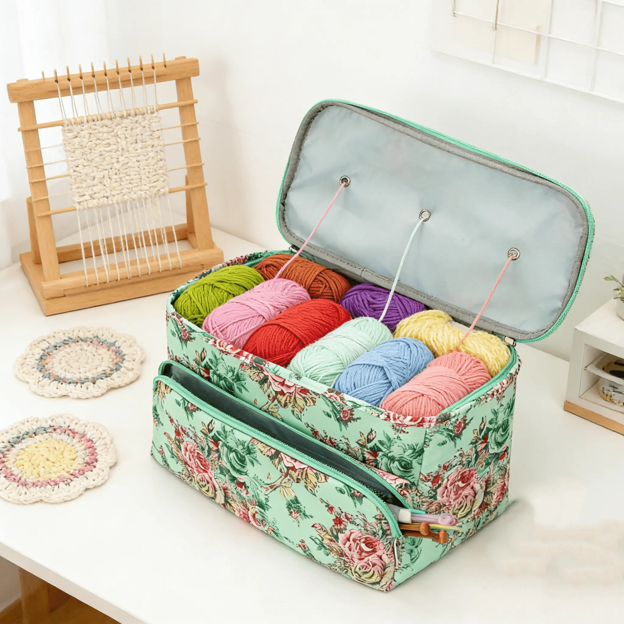 Large Knitting Yarn Storage Bag - Cuboid Tote Holder Case with Zipper Closure, Pocket for 14-Inch Knitting Needles, Crochet Hooks, Project Accessories, Easy to Carry, Cute Design for Travel, Home Storage, Beginners Crocheter, Great Present Idea, Handle Fo