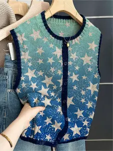 French retro style loose crew neck sleeveless color-block buttoned khaki women's sweater vest, Tops, with gradient star print, suitable for spring and summer wear, casual