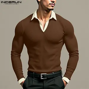 INCERUN Men's 2025 Fall Textured Knit Lapel Slim Shirt, Warm Comfortable, Perfect Fall Outfit For Business Casual, Wear Alone Or Layer