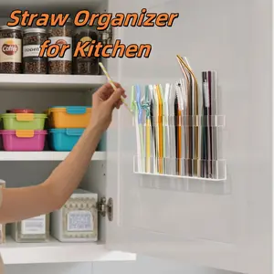 9.5" Large Clear Acrylic Straw Holder for Cabinet Door - Reusable Tumbler Straw Organizer Storage, Small Kitchen Accessories Container, Kitchen Essentials, Ultra Sticky Cupboard Door Mounted, Racks (Transparent)