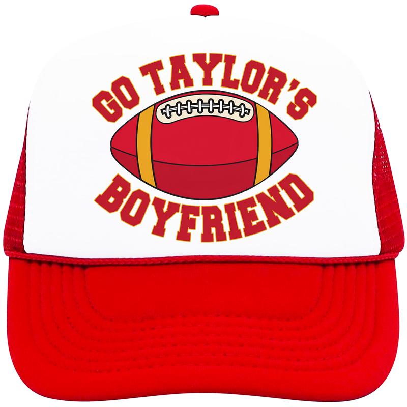 Go Taylor's Boyfriend Football Season Trucker Hat - Kansas Football Red and Gold Cap - Funny Travis Fan Snapback for Women and Teens