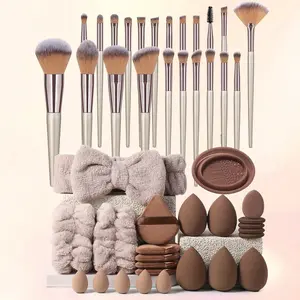 46PCS All-in-One Makeup Tools Set, 22PCS Professional Makeup Brushes, Makeup Sponges, Mini Makeup Sponges, Triangle Powder Puffs, Mini Air Cushion Puffs, Hairband, Hand Bowl Straps and Makeup Brush Cleaning Tool, Portable Beauty Kit