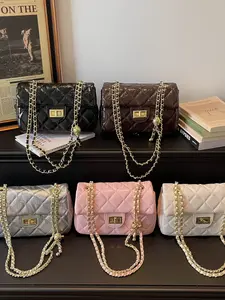 1pc Korean Style Crossbody Shoulder Bag with Chain, Plain PU Material, Quilted Design for Women, Perfect for Shopping and Dates