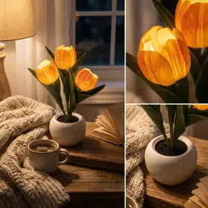Tulip LED Night Light Simulated Flower Bouquet with Vase Table Lamp for Home Living Room Decor, Mood Ambient Lighting Holiday Gifts