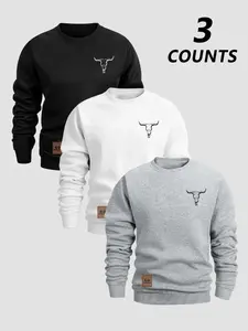 Men's 3-Piece Hooded Sweatshirt Set, Round Neck Long Sleeve Casual Top, Bull Head Print Design, Perfect for Fall & Winter