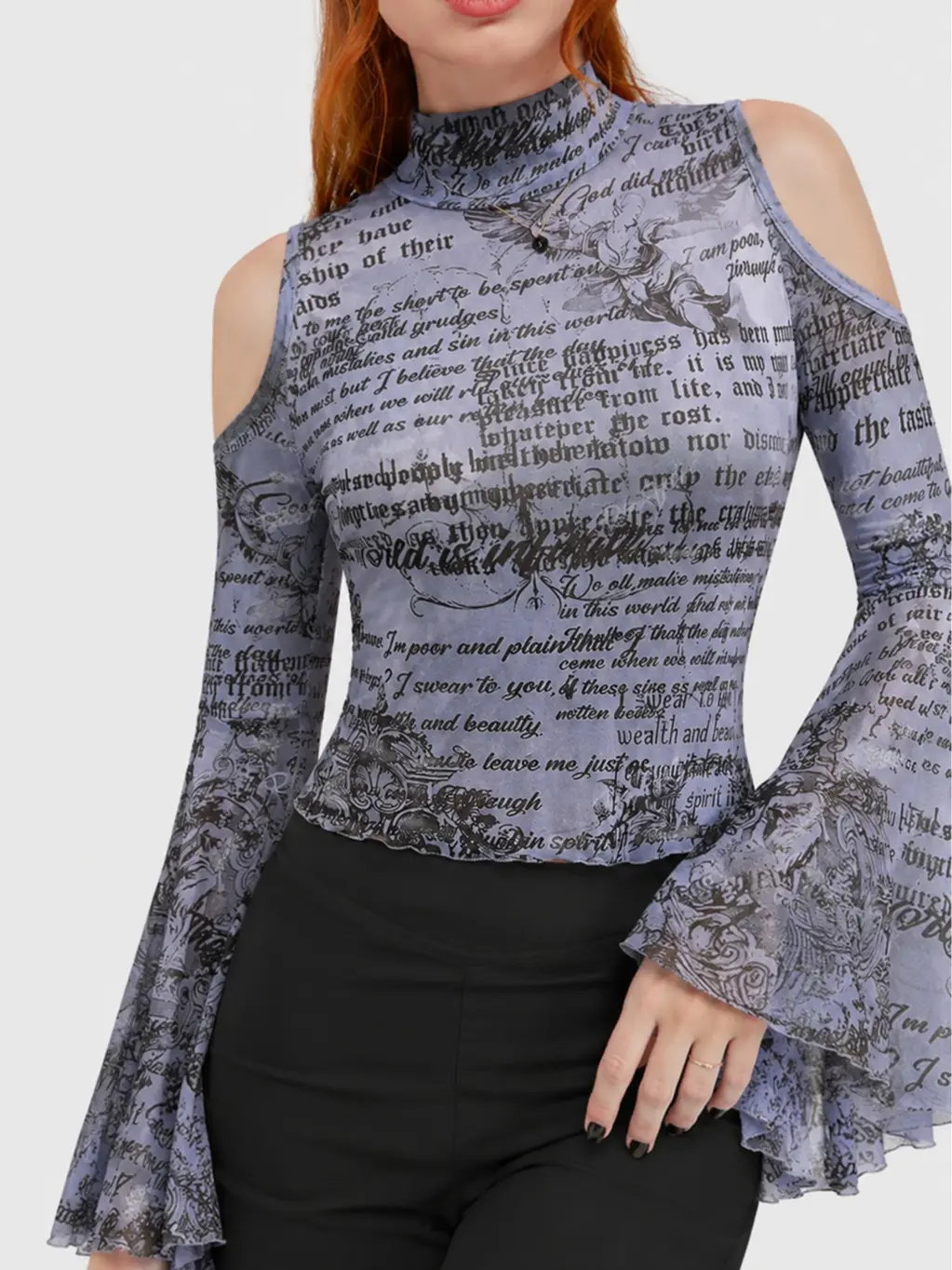 Rgothic Plus Size Elegant Gothic Angel Print Shirts with Cold Shoulder Cutouts and Cropped Flare Longsleeves, Elegance
