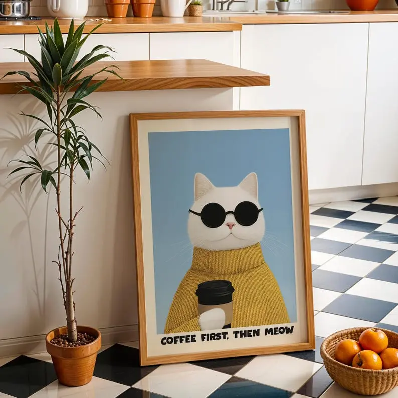 Funny Cat Coffee Poster, Cat and Coffee Lover Gift, Coffee Bar Print, Funny Coffee Print, Cat Coffee Poster
