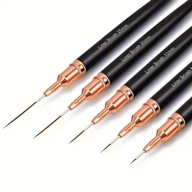 5pcs Professional Black Nail Art Liner Brush Set, Precision Detail Striping & Fine Line Pens for Flower Painting, Drawing & Gel Polish Designs, Sizes 4/8/12/20/25mm, Long-Lasting Brush Tips