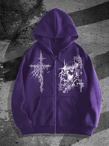 Men's Gothic Avant-Garde Print Zip Casual Hooded Sweatshirt, Streetwear, Street Style, Fitted, Geometric Pattern, Spring & Fall