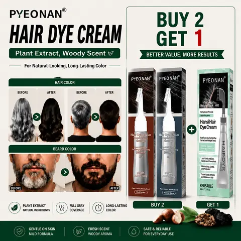PYEONAN Unisex Herbal Extract Hair Dye Cream - Adults, Woody Scent, Ammonia-Free, Springtok Haircare, At-Home Color, 2-in-1 Gray Coverage & Care, No Blending, Dark Brown(2+1pcs)/Black, 2.8 Oz/80g, Patch Test First