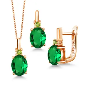 Gem Stone King Gemstone Birthstone and Green Peridot Pendant and Earrings Jewelry Set for Women in 18K Rose Gold Plated Silver | Oval 8X6MM and Round 2.5MM | With 18 Inch Chain