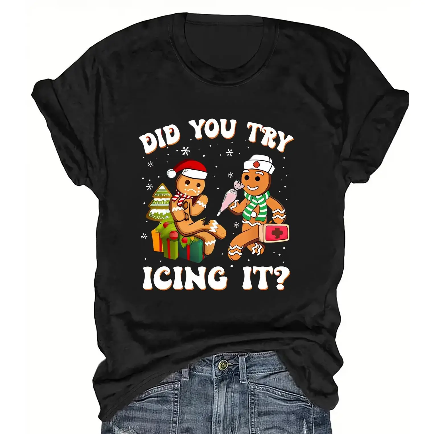 Delivered after Christmas-Women’s Christmas Cookie Print T-Shirt - "Did You Try Icing It?"Slogan, Gingerbread Couple Design Tee