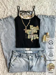 Women's Y2K Embroidered Floral Sequin Halter Top, Short Waistless Blouse, Gradual Color Design, Casual Fashion for All Seasons