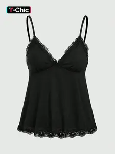 Women's Solid Color Camisole Tank Top, Womenswear, V-Neck Lace Trim, Adjustable Spaghetti Straps, Sleeveless, Flared Hem, Soft Breathable Fabric, Fitted, Loungewear & Layering Wear, Feminine Delicate Style, Piece