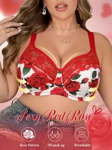 Women's plus size lace print floral push-up bra, Underwire bras, underwire anti-sagging, full coverage wide sides, soft skin-friendly, sheer sexy, adjustable wide straps, Medium Support, suitable for daily & special occasions, red, Valentine's Day gift